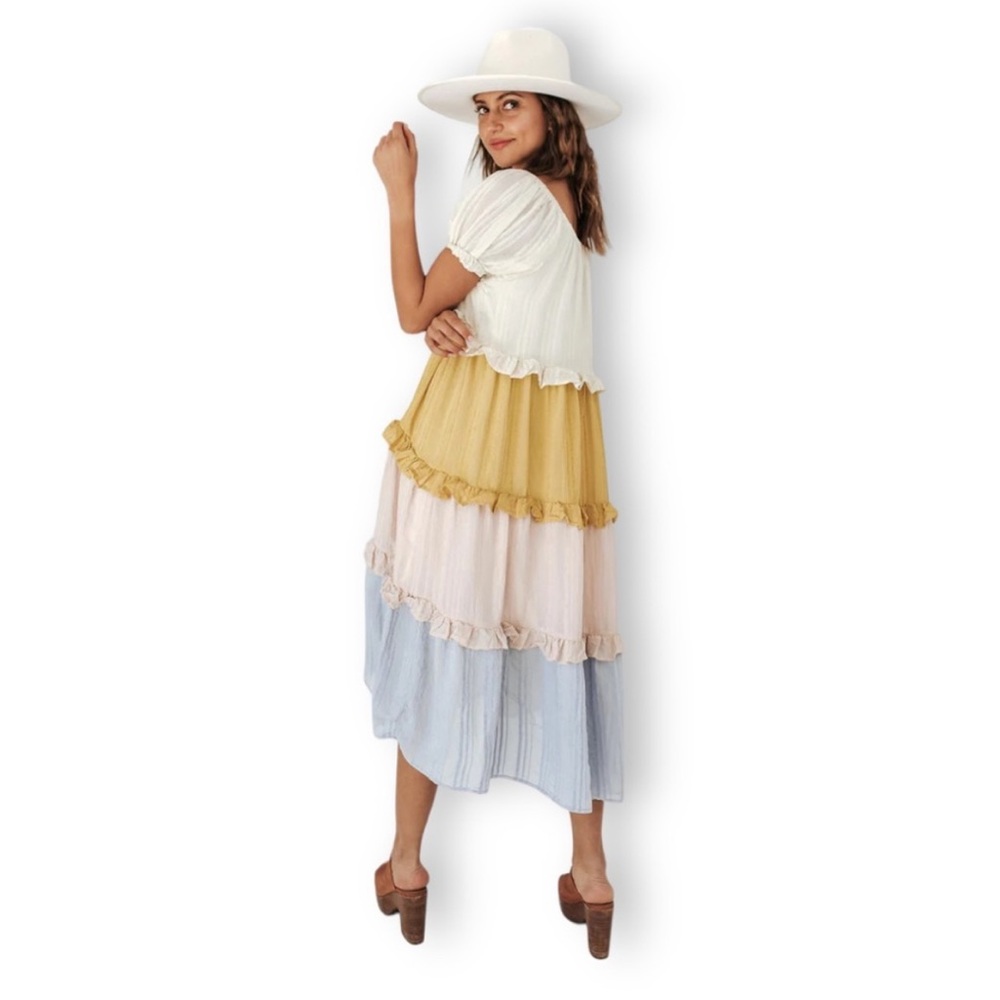 Tiered Midi Dress in White, Mustard, Blush & Light Blue
